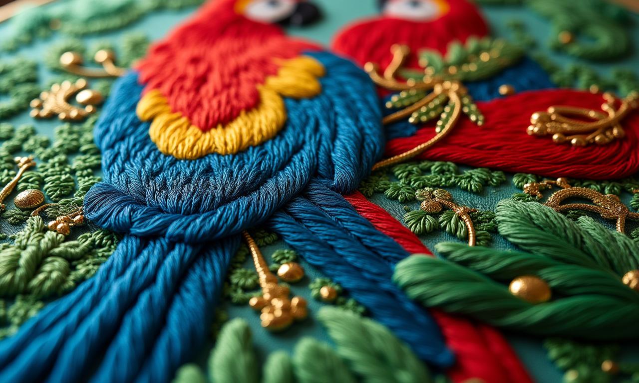 열대우림 테마의 화려하고 섬세한 자수 작품 클로즈업