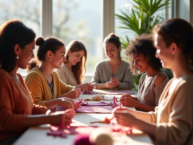 밝은 스튜디오에서 수놓는 사람들이 웃으며 이야기하는 모습