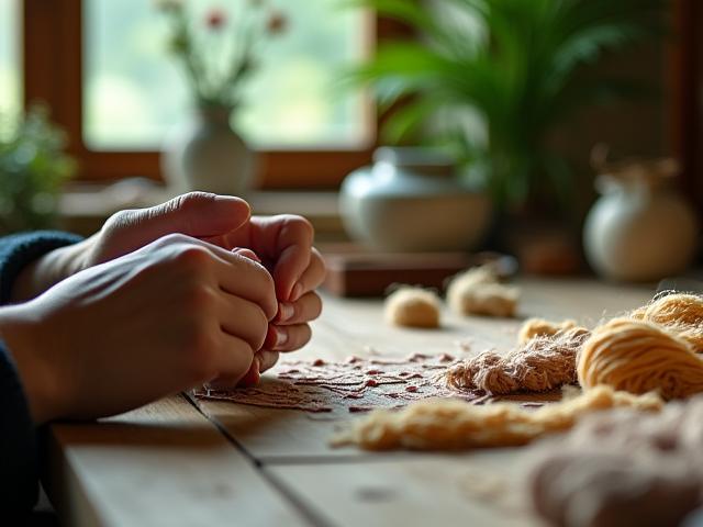 아늑하고 빛이 잘 드는 스튜디오에서 장인이 맞춤 자수를 놓고 있는 모습