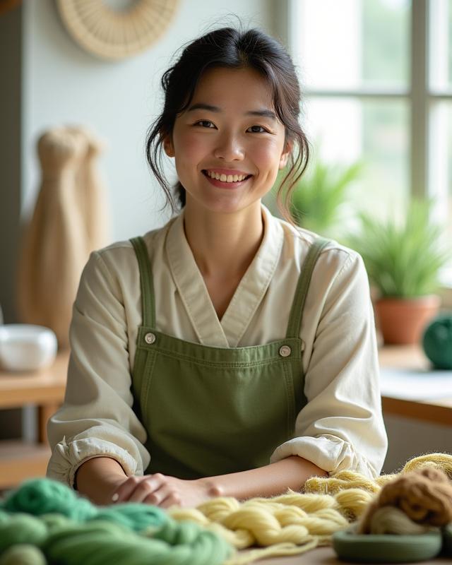 하늘실 창립자의 웃는 모습. 전통 직물 샘플과 자연광이 가득한 작업실 배경.