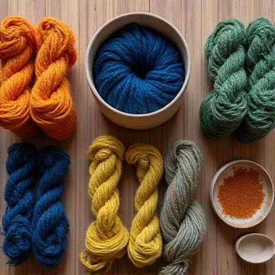 자연 염색된 실타래와 전통 도구들이 놓인 나무 작업대.