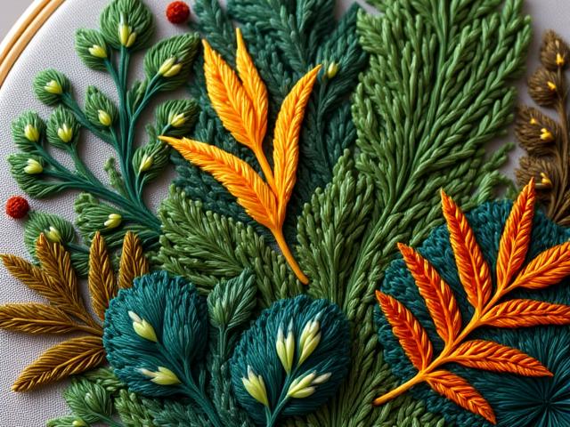 열대 우림 식물 자수 워크숍, 복잡한 녹색과 갈색 실로 섬세하게 수 놓아진 식물 무늬